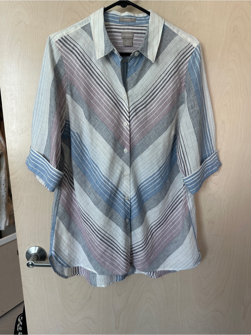 Chicos Top Size 2 P Us 12 14 No Iron 100% Linen 3/4 Sleeve Striped Button Front